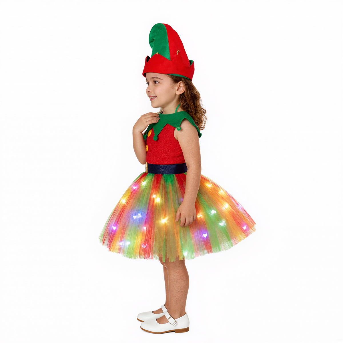 Christmas Elf Costume for Girls Toddler LED Light Up Tutu Dress and Elf Hat 2pcs Suit for Holiday Party