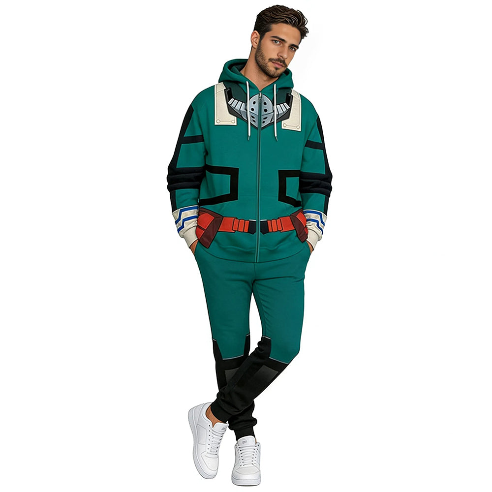 Adult Deku Costume Green Zip-up Sweatshirt and Pants Hero Deku Outift with Plus Size