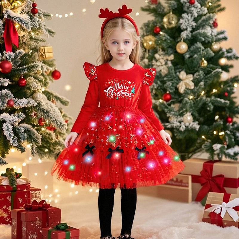 Girls Light Up Xmas Dress Red Cute Christmas Party Costume with Headband