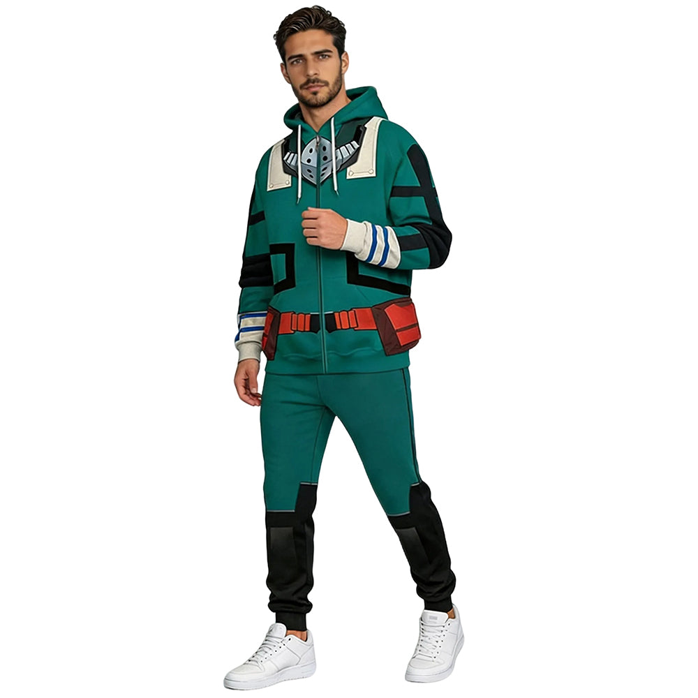 Adult Deku Costume Green Zip-up Sweatshirt and Pants Hero Deku Outift with Plus Size