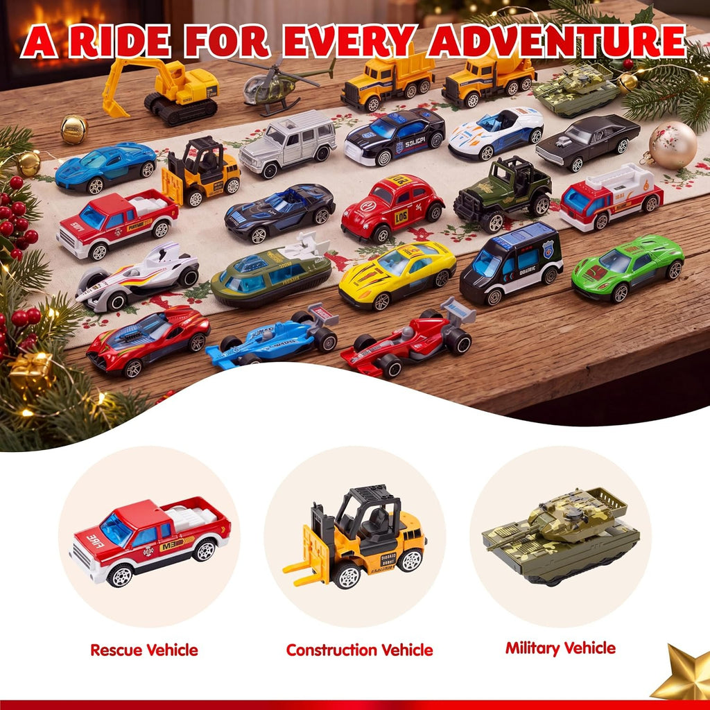 2026 Car Advent Calendar 24-Day Christmas Countdown Gift Box with Mini Toy Vehicles for Kids