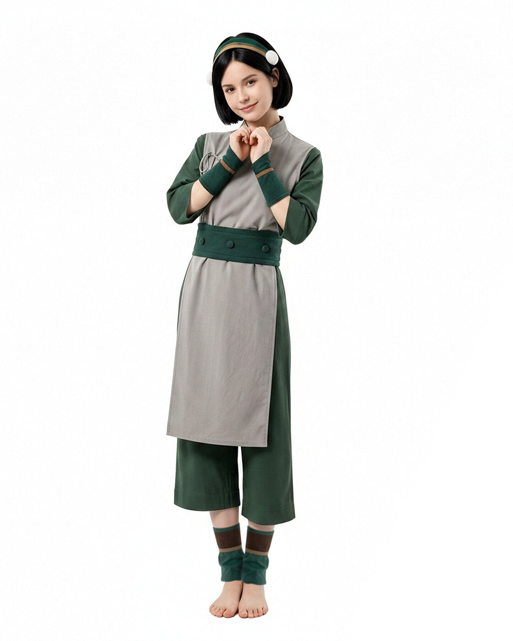 Toph Cosplay Costume Green Earthbending Suit with Hairband for Adults Kids Stage Performance