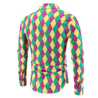 Men's Mardi Gras Outfit Purple Green and Yellow Print Shirt for Festival
