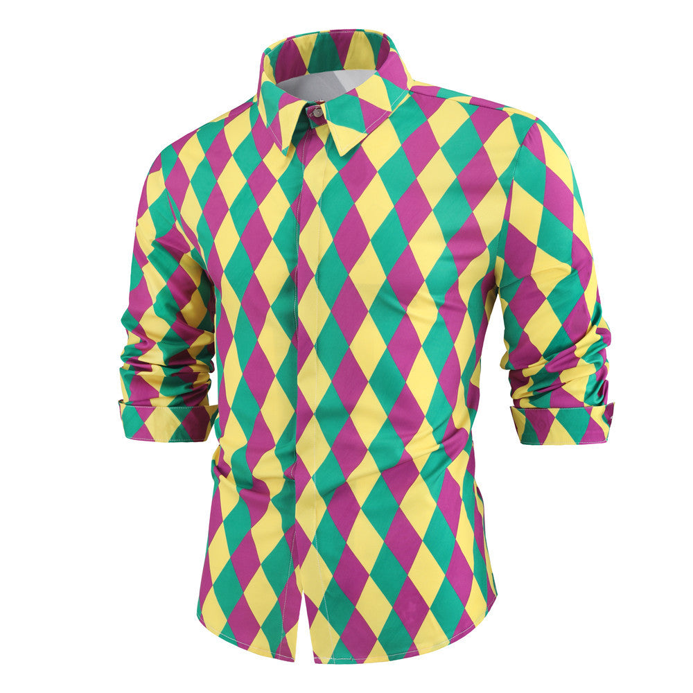 Men's Mardi Gras Outfit Purple Green and Yellow Print Shirt for Festival