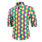 Men's Mardi Gras Outfit Purple Green and Yellow Print Shirt for Festival