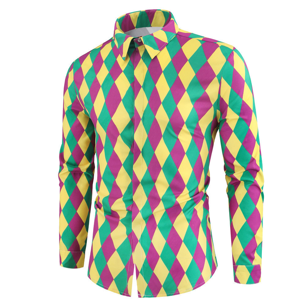 Men's Mardi Gras Outfit Purple Green and Yellow Print Shirt for Festival