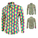 Men's Mardi Gras Outfit Purple Green and Yellow Print Shirt for Festival