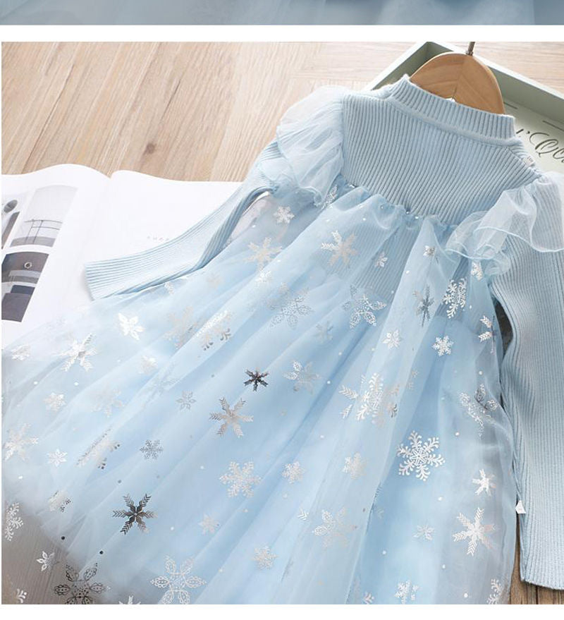 Little Girls Winter Princess Dress Elsa Snowflake Fluffy Sweater Dresses 1-10 Years