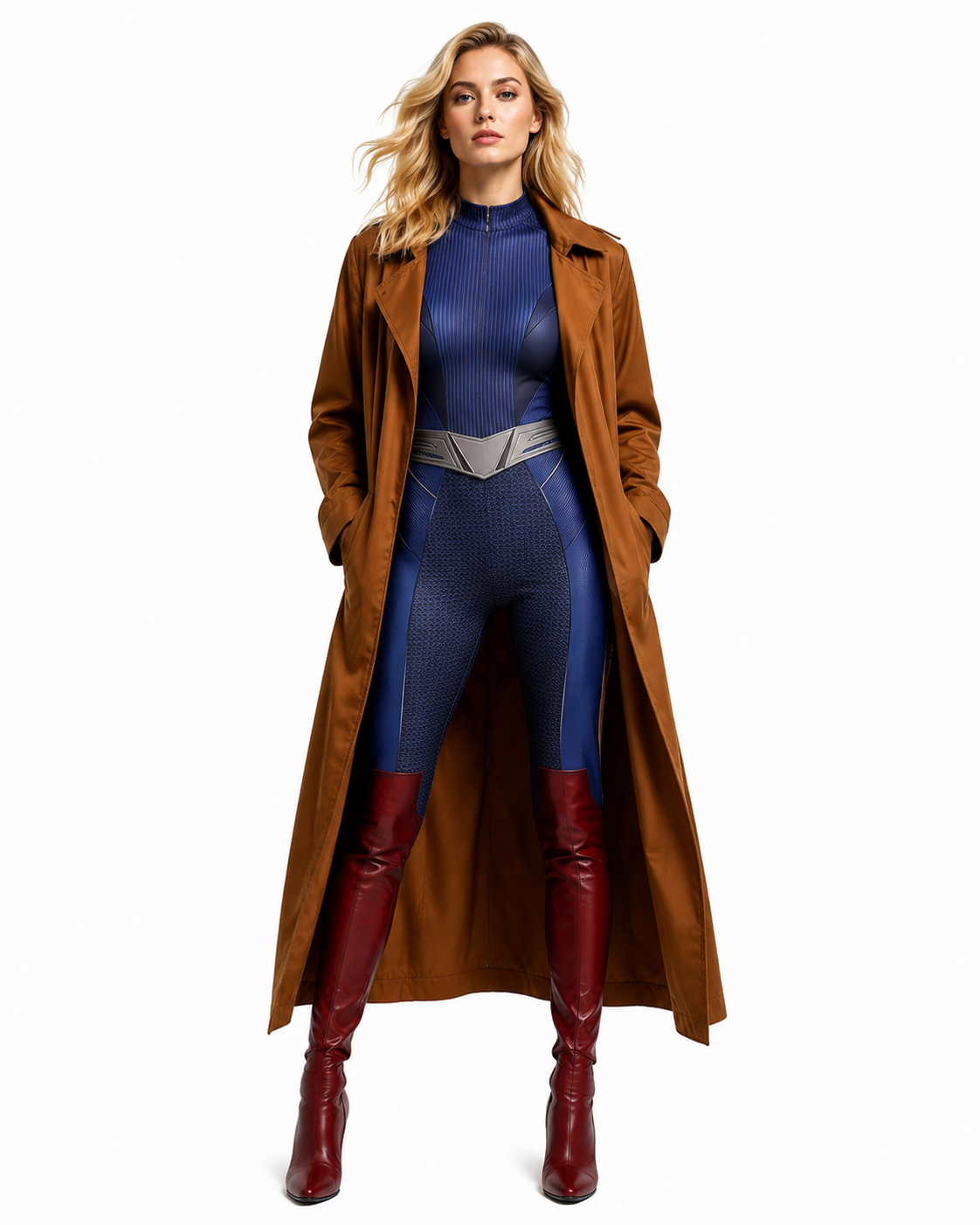 Women Tomorrow Superheroine Trench Coat Brown Long Duster Jacket and Jumpsuit for Comic Con