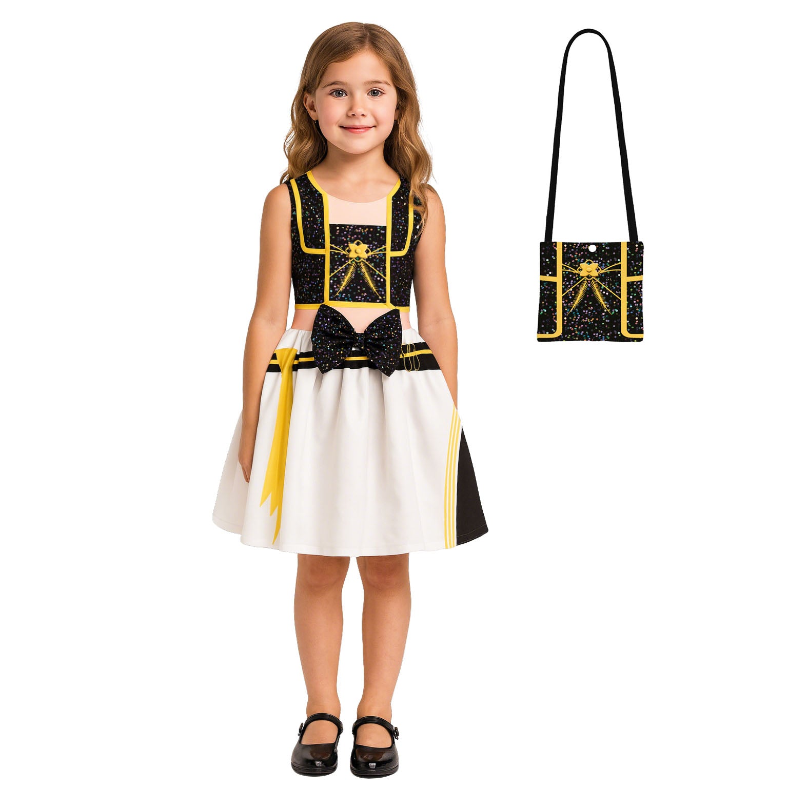 Girls Black Ball Gown Cute Stage Performance Dress and Bag Suit for 4T-10 Years