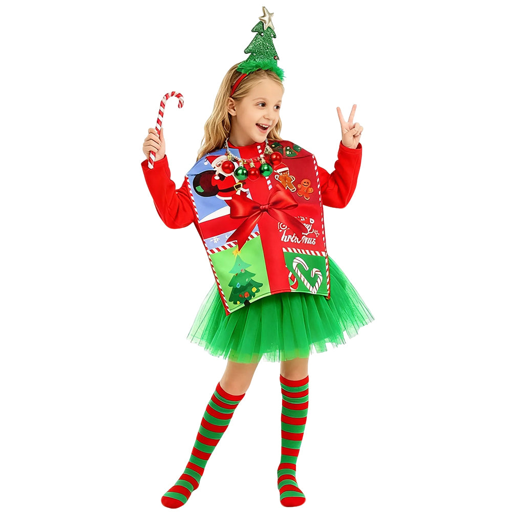 Kids Christmas Costume Unique Gift Box Tops with Hat Beard and Jumpsuit for Boys Girls