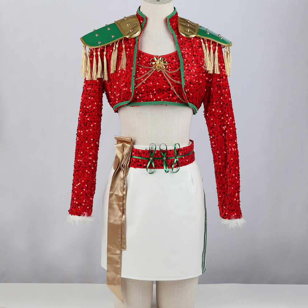 Xmas Pop Star Dress Festive Sequin Costume Tassel Crop Top Skirt Party Set