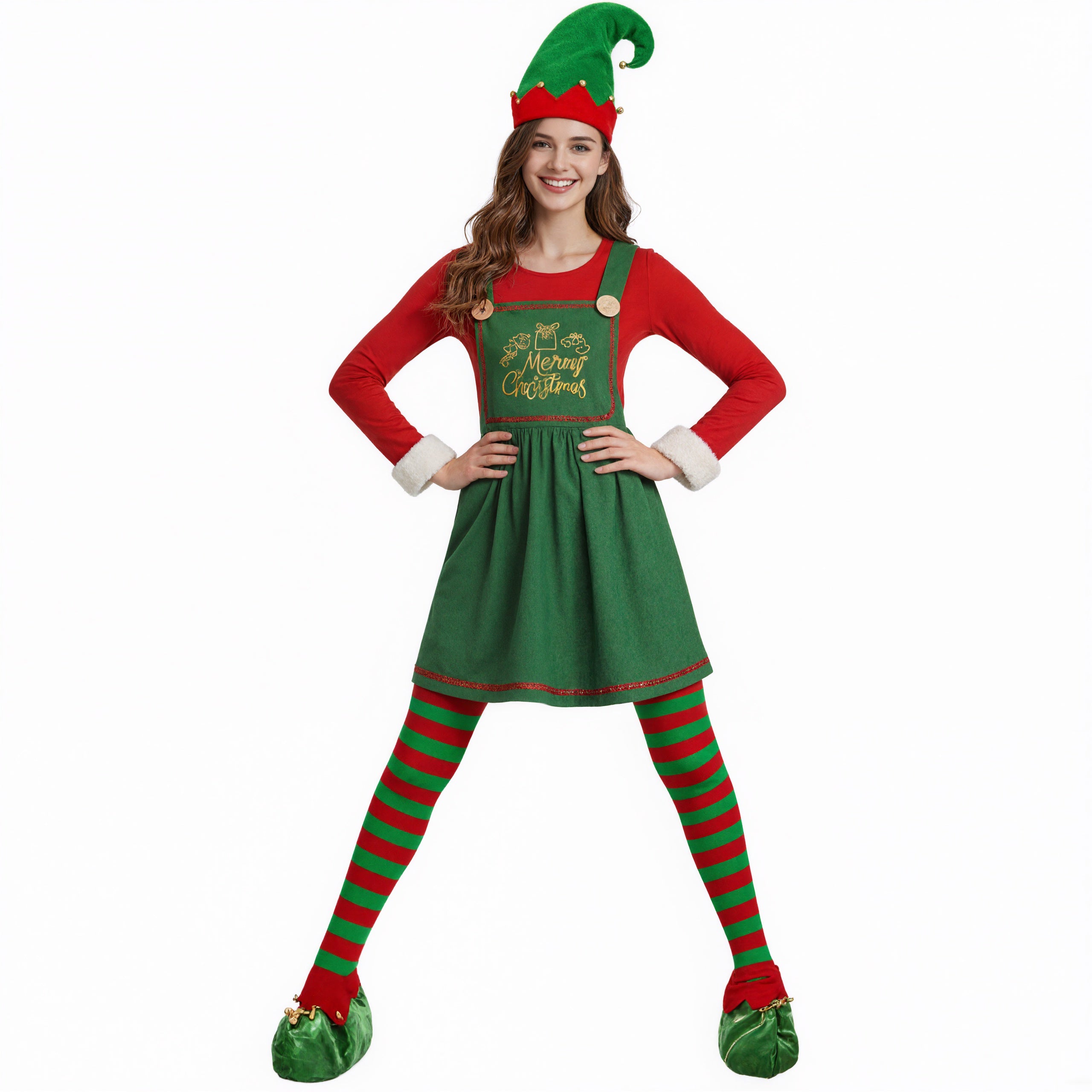 Elf Costume Cute Xmas Dress Hat Socks and Shoes 4pcs Suit Christmas Outfit for Kids Adults