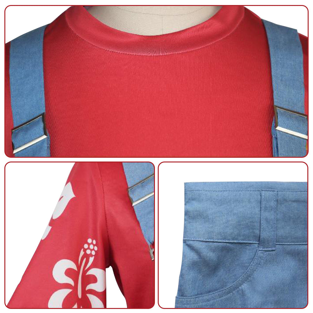 Little Girl Pelekai Costume Red T-shirt and Blue Overalls Hawaiian Weired Girl Casual Set