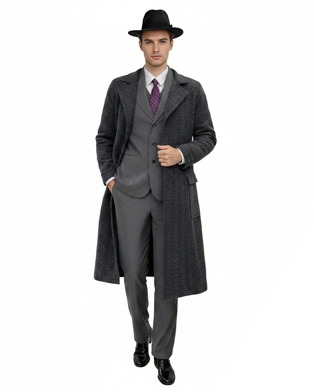 Mens Spider Hero Outfit Dark Gray Retro Overcoat Blazer and Hat Set for Stage Performance
