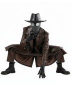 Mens 1930s Retro Spider Detective Costume Dark Brown Vintage Leather Trench Coat Hat with Accessories 8pcs Set for Comic Con