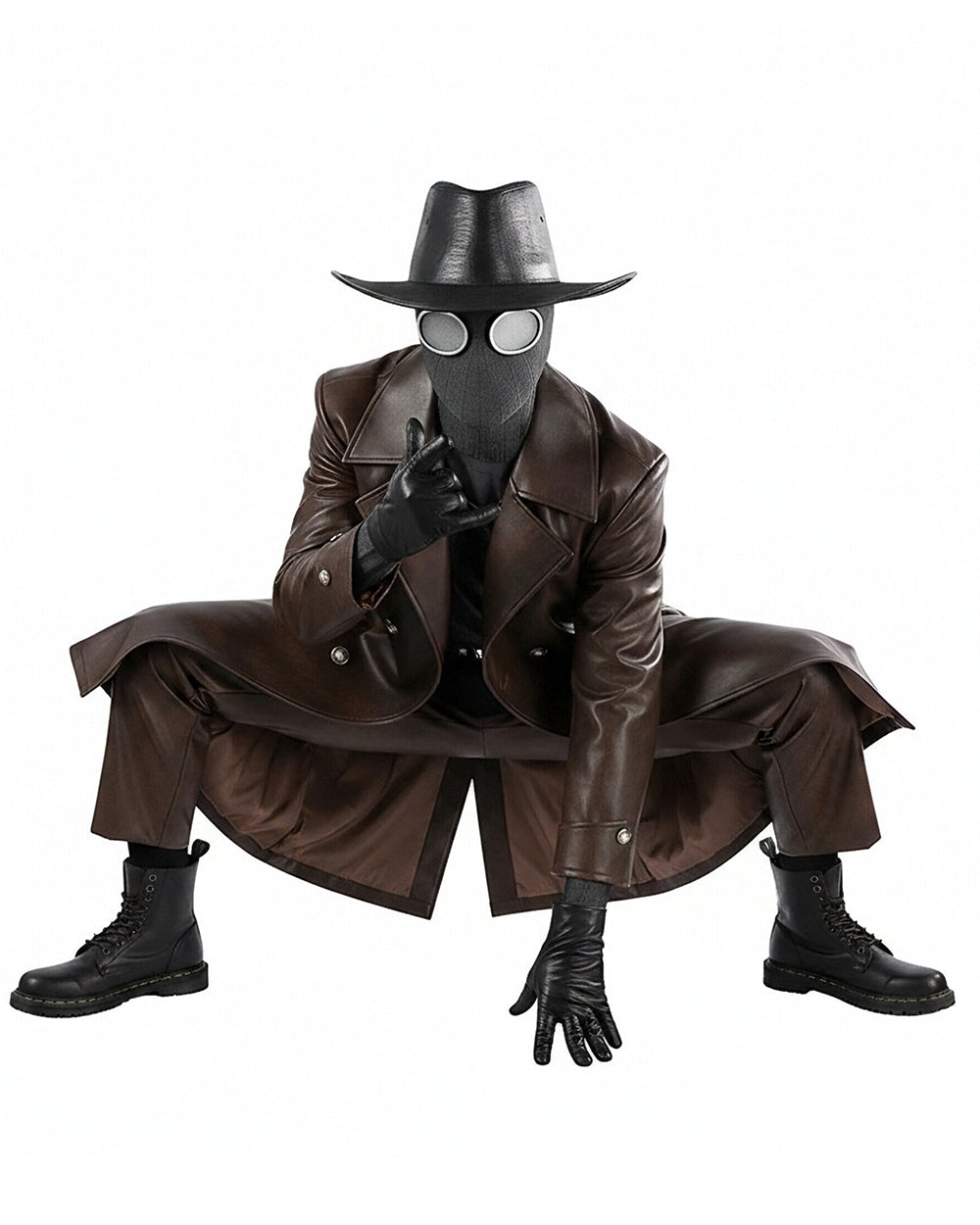 Mens 1930s Retro Spider Detective Costume Dark Brown Vintage Leather Trench Coat Hat with Accessories 8pcs Set for Comic Con