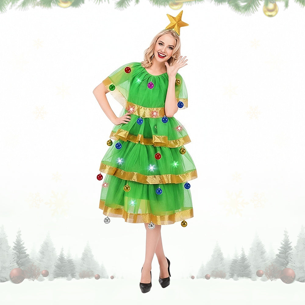 Women Xmas Light Up Dress Christmas Tree Costume with Star Headband and Colorful Bauble Decor