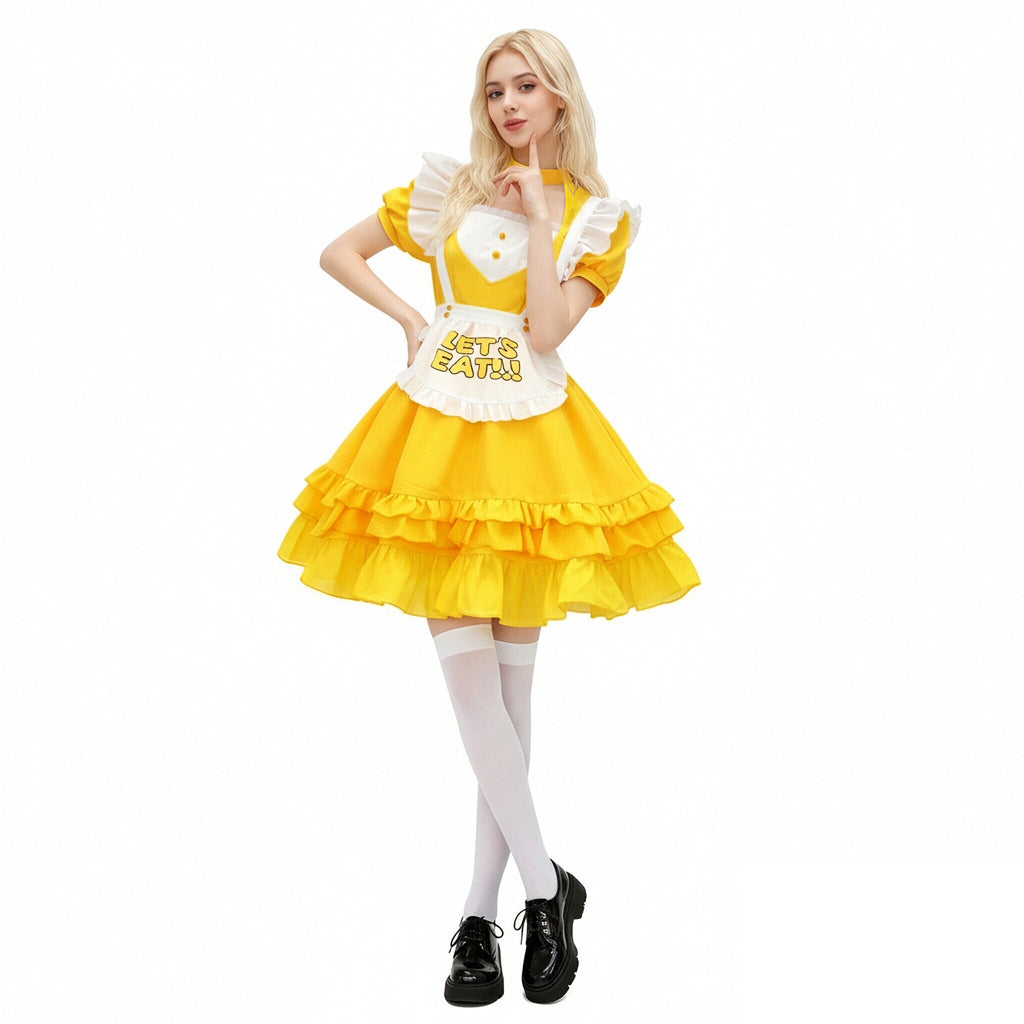 Women FNAF Costume Yellow Chicken Dress with Let's Eat Apron for Cosplay