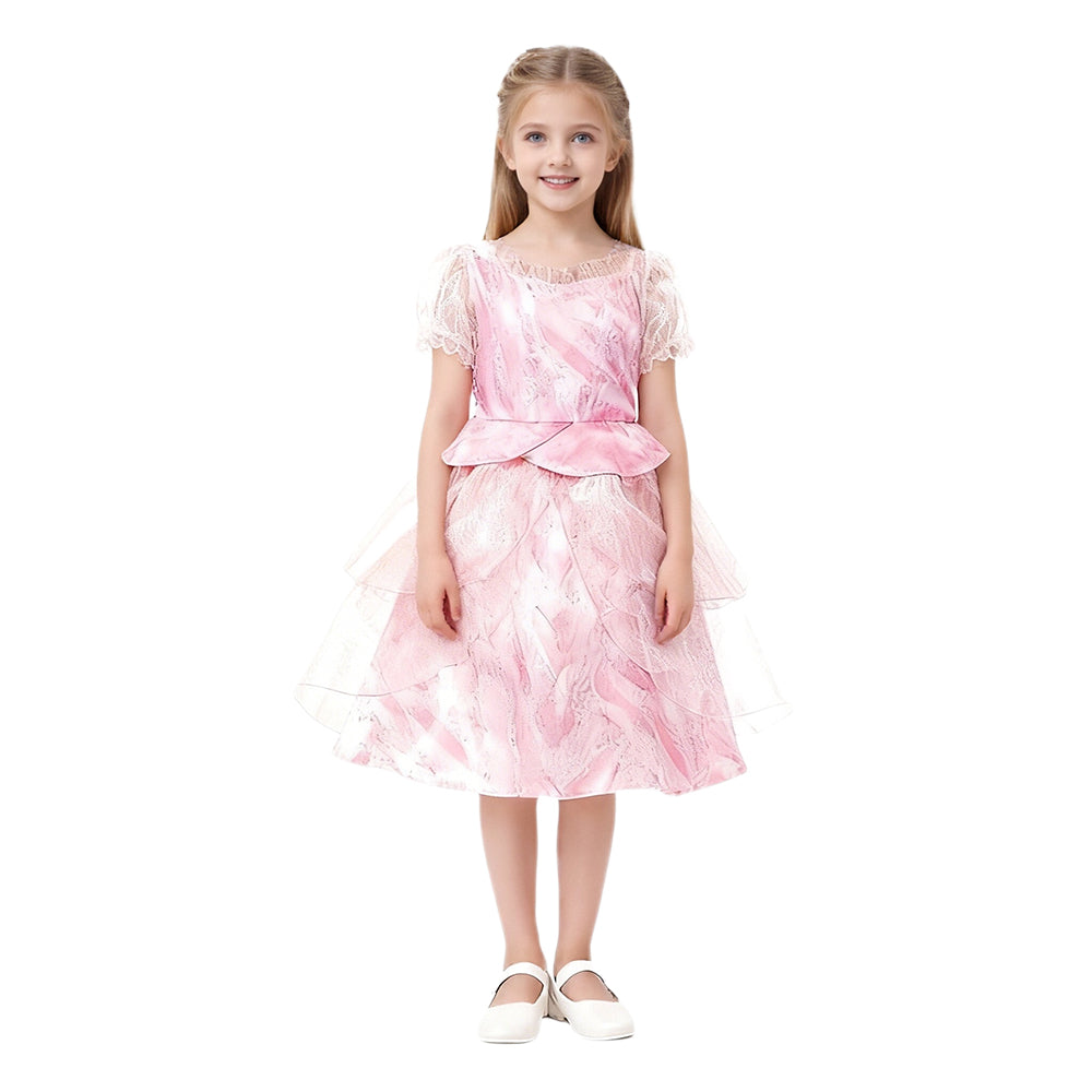 Girls Witch Dress Pink Princess Gown with Sheer Ruffled Sleeves Tiered Tulle Witch Costume
