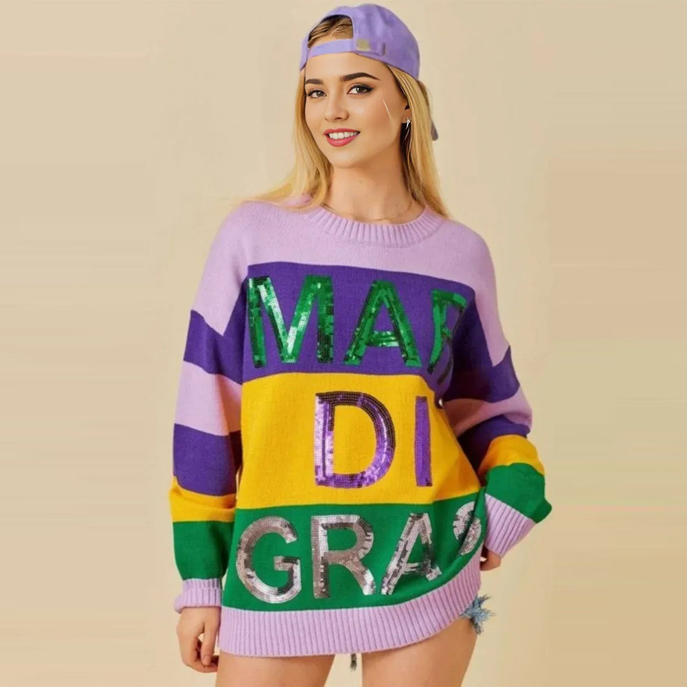 Ladies Mardi Gras Costume Color Blocked Sweater for Tuesday Carnival Party