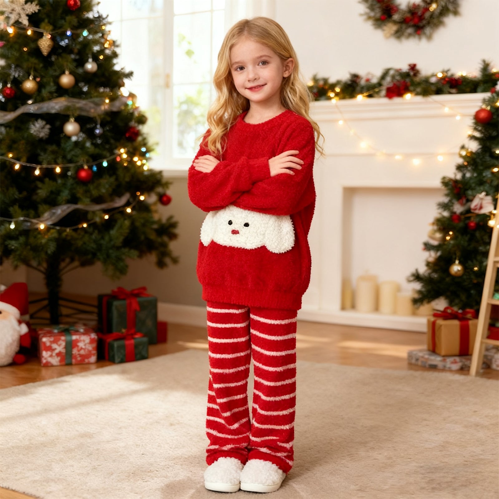 Girls Christmas Sleepwear Red Sweatshirt and Striped Pants for Xmas Eve