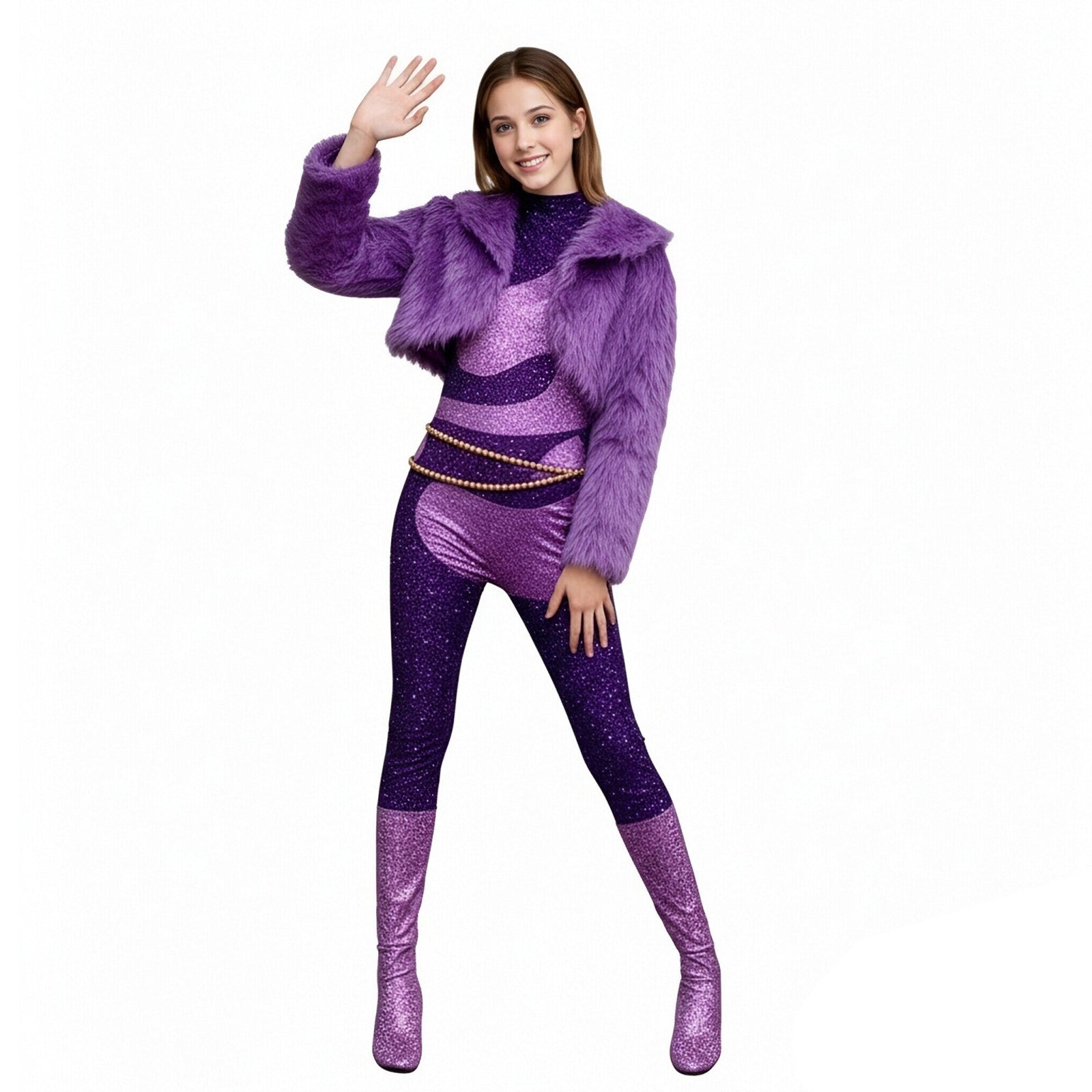 Pop Star Performance Costume Purple Sparkling Sequin Jumpsuit and Faux Fur Coat Outfit