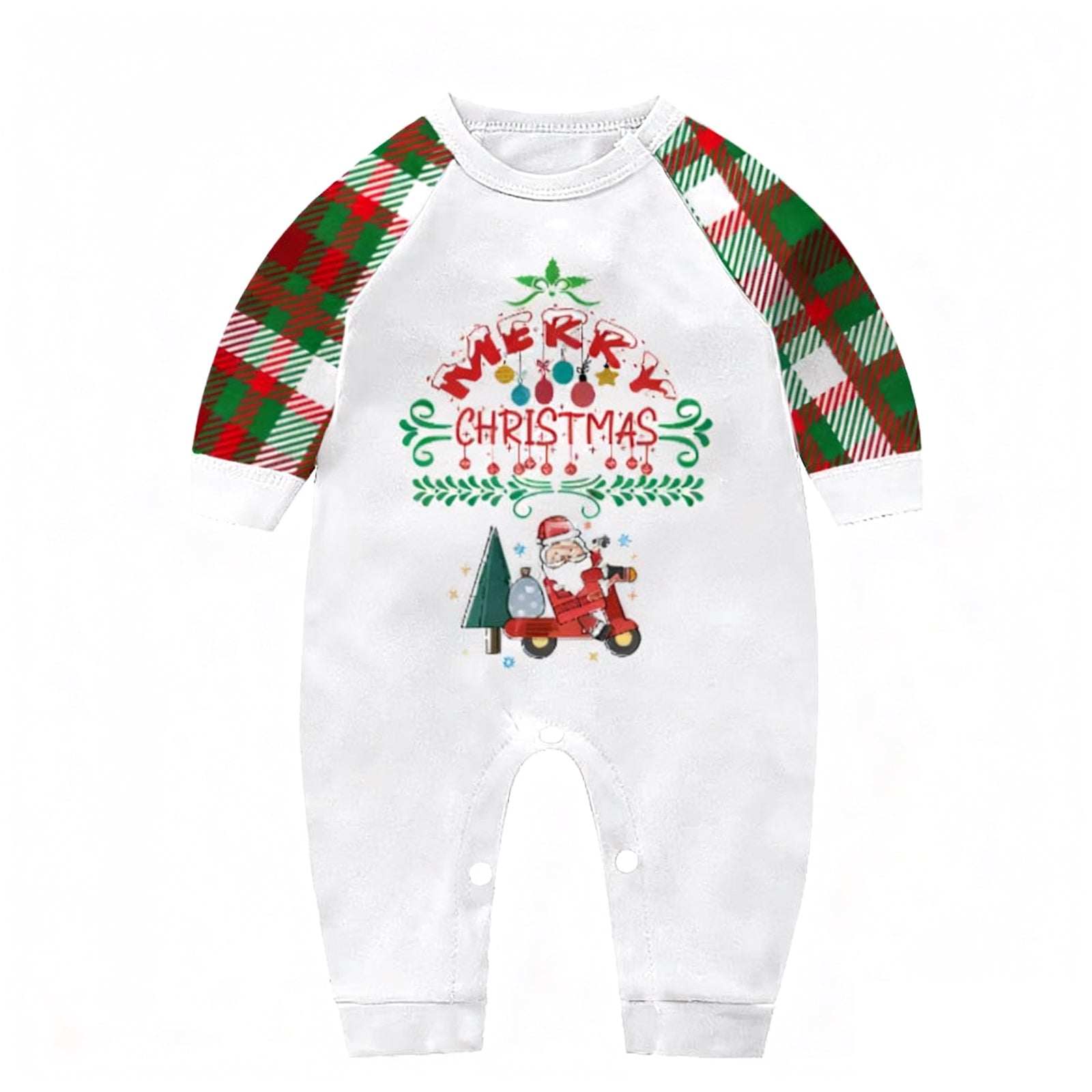 Family Christmas Pajamas Merry Christmas Print Top with Red-Green Plaid Pants Xmas Jammies Set