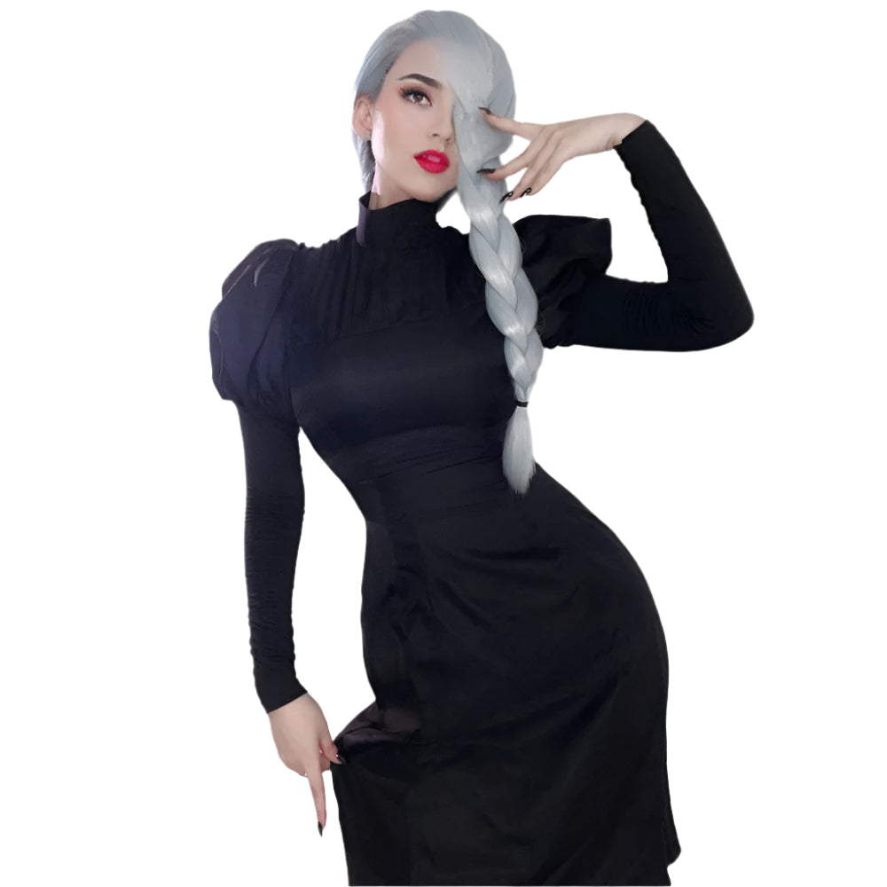 Female Sorcerer Costume Black Puff Sleeve High-Collar Dress and Pants Suit