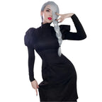 Female Sorcerer Costume Black Puff Sleeve High-Collar Dress and Pants Suit