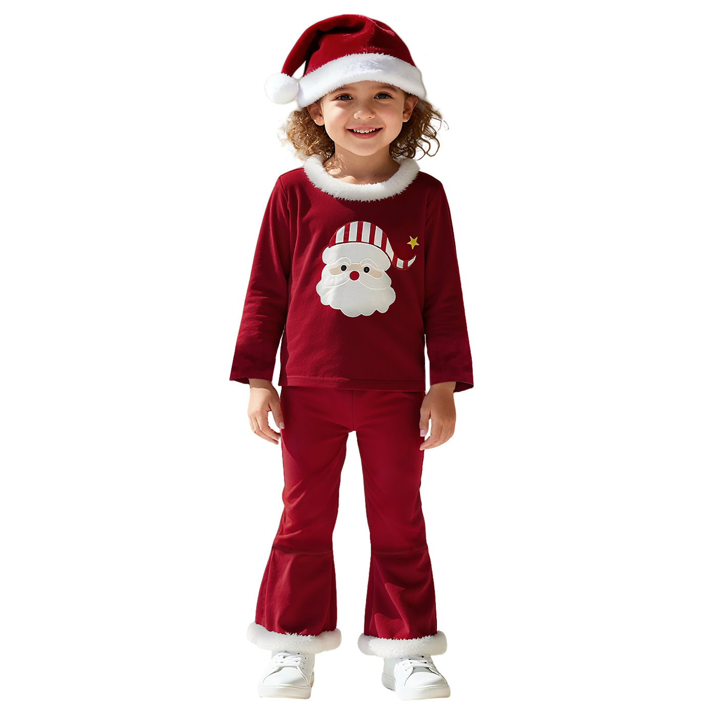 Toddler Kids Christmas Costume 3Pcs Velvet Tops Pants Hat Suit Little Santa XMAS Outfit for Gilrs