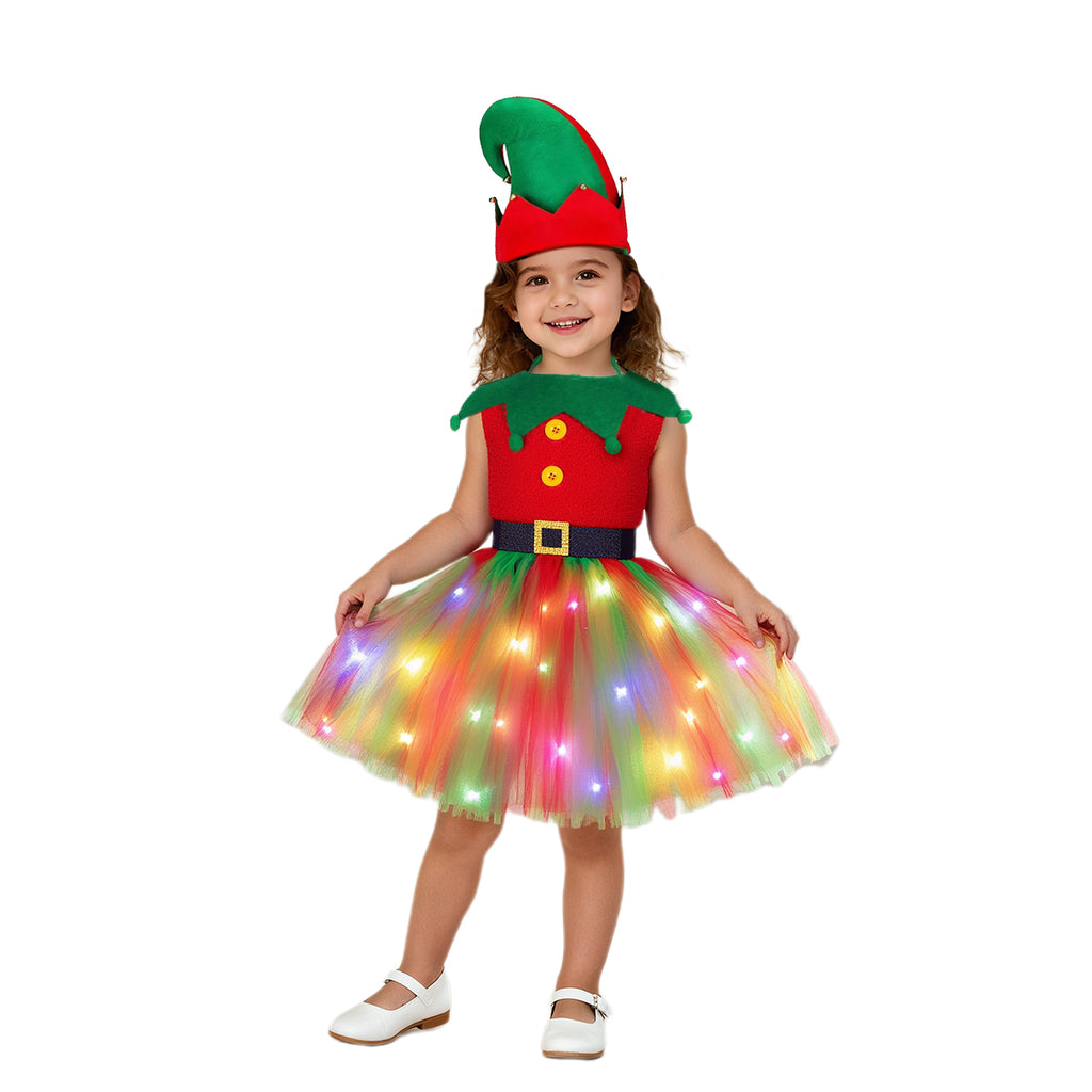 Christmas Elf Costume for Girls Toddler LED Light Up Tutu Dress and Elf Hat 2pcs Suit for Holiday Party