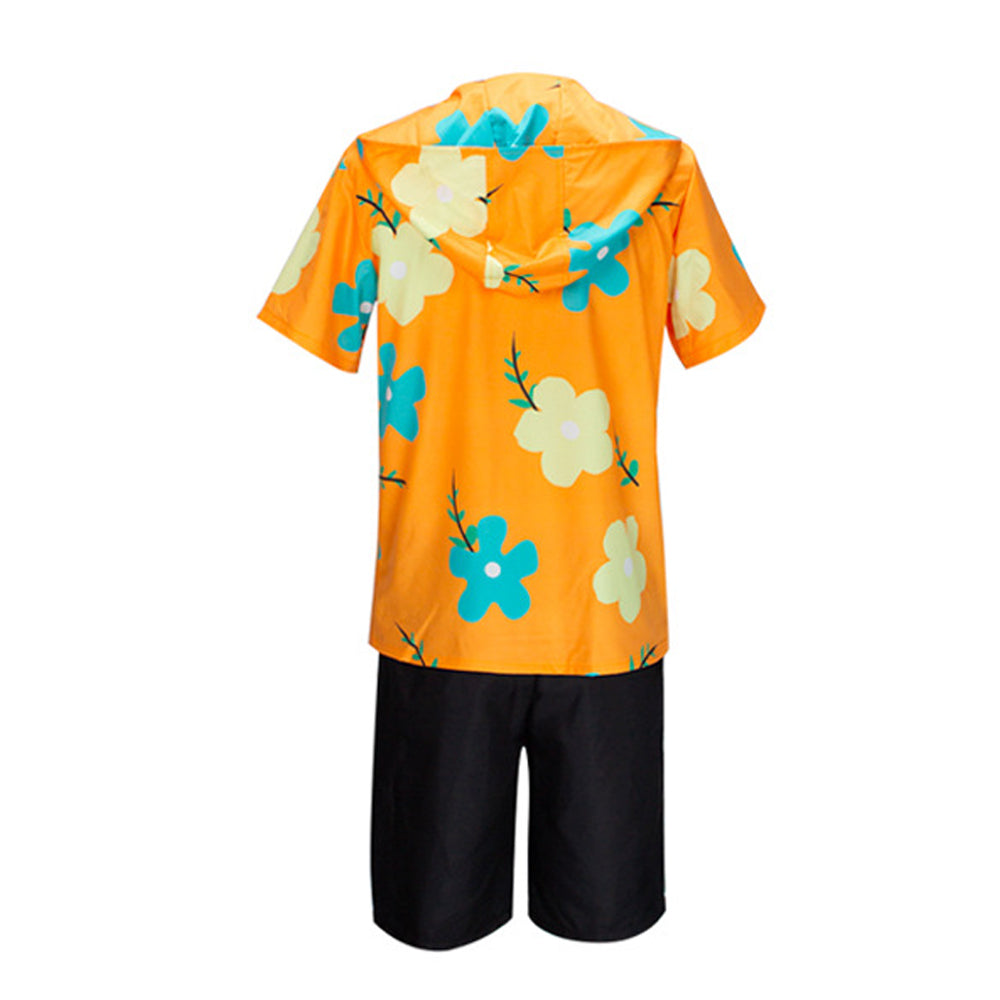 Mens Sanji Cosplay Costume Hooded Orange Shirt and Shorts Casual Costume for Vacation