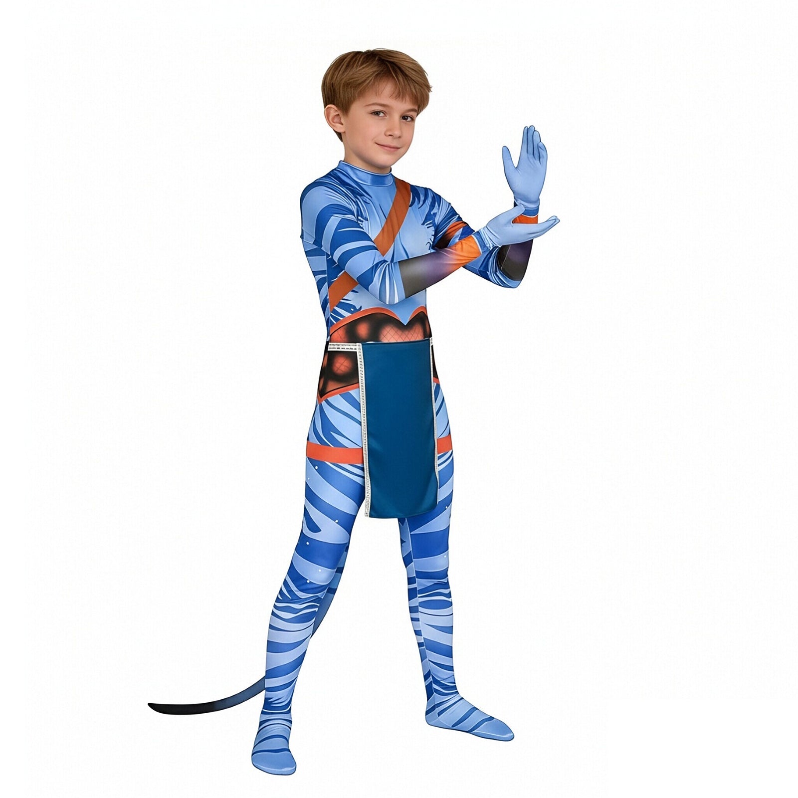 Jake Sully Costume Spandex Na'vi Outfit Blue Jumpsuit with Tail and Apron Set