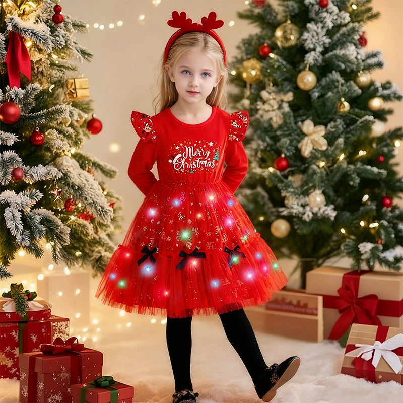 Girls Light Up Xmas Dress Red Cute Christmas Party Costume with Headband