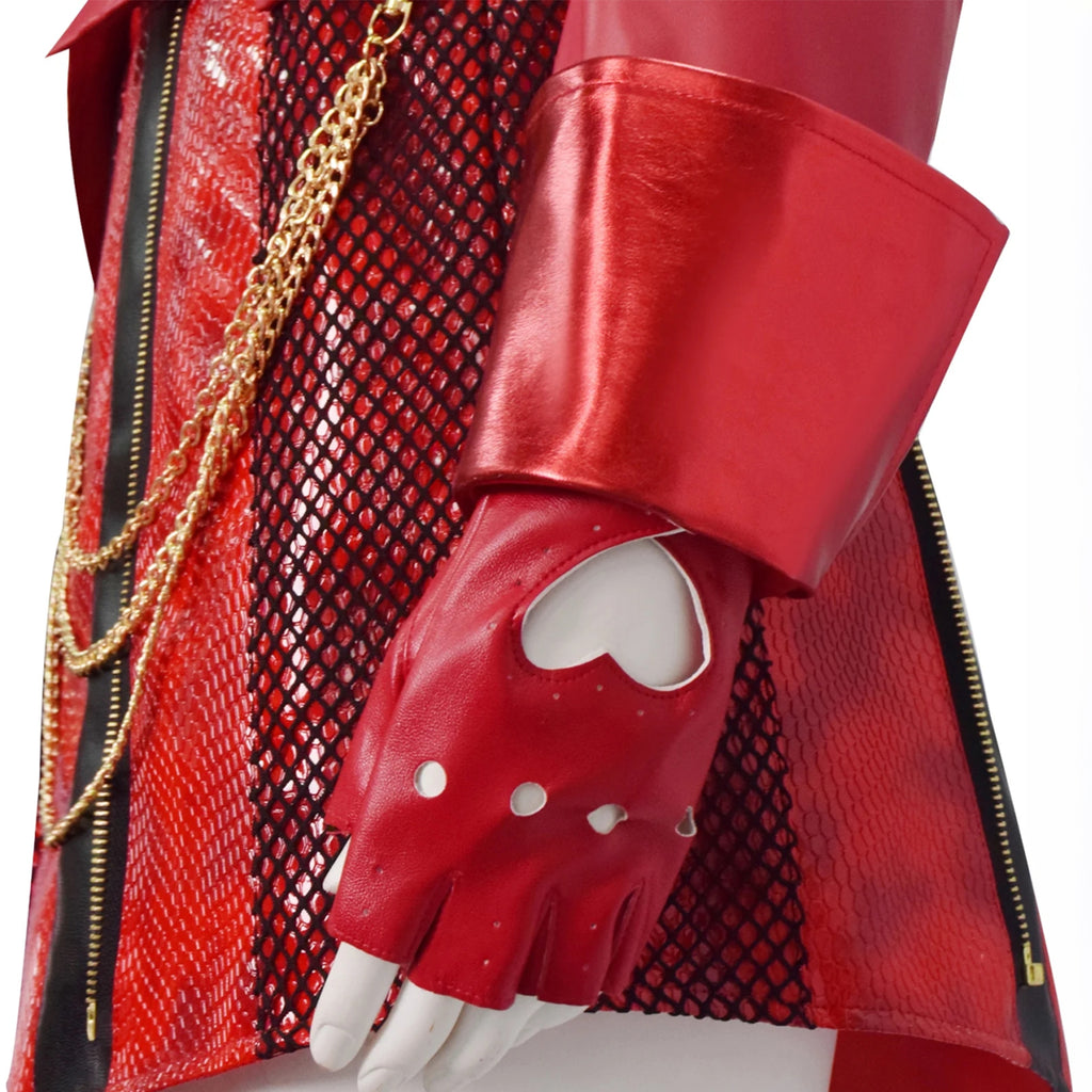 Women Red Princess Costume PU Leather Jacket Skirt Pants and Accessories 5pcs Suit for Halloween Carnival