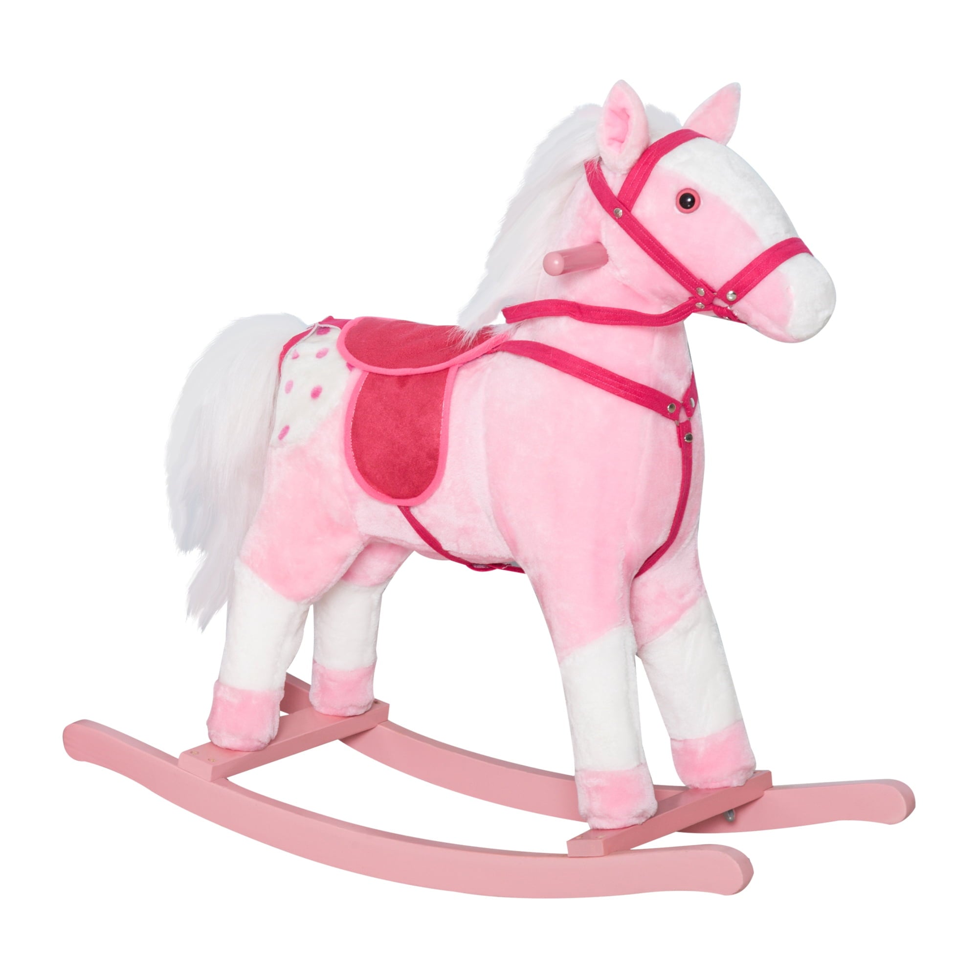 Kids Rocking Horse Pink Plush Ride On Toy with Realistic Sounds Holiday Gift