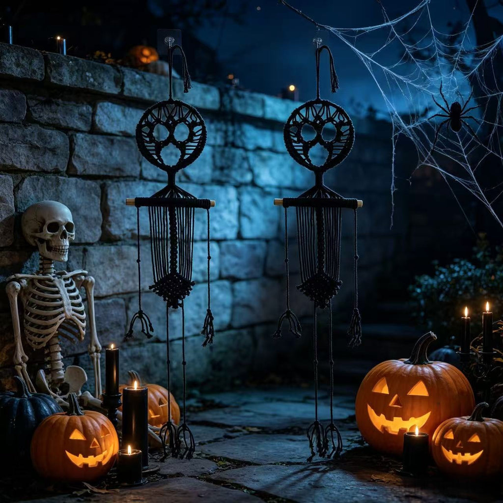 2pcs Halloween Decoration Skeleton Skull Macrame Wall Hanging Cotton Rope Boho Wall Art Decor