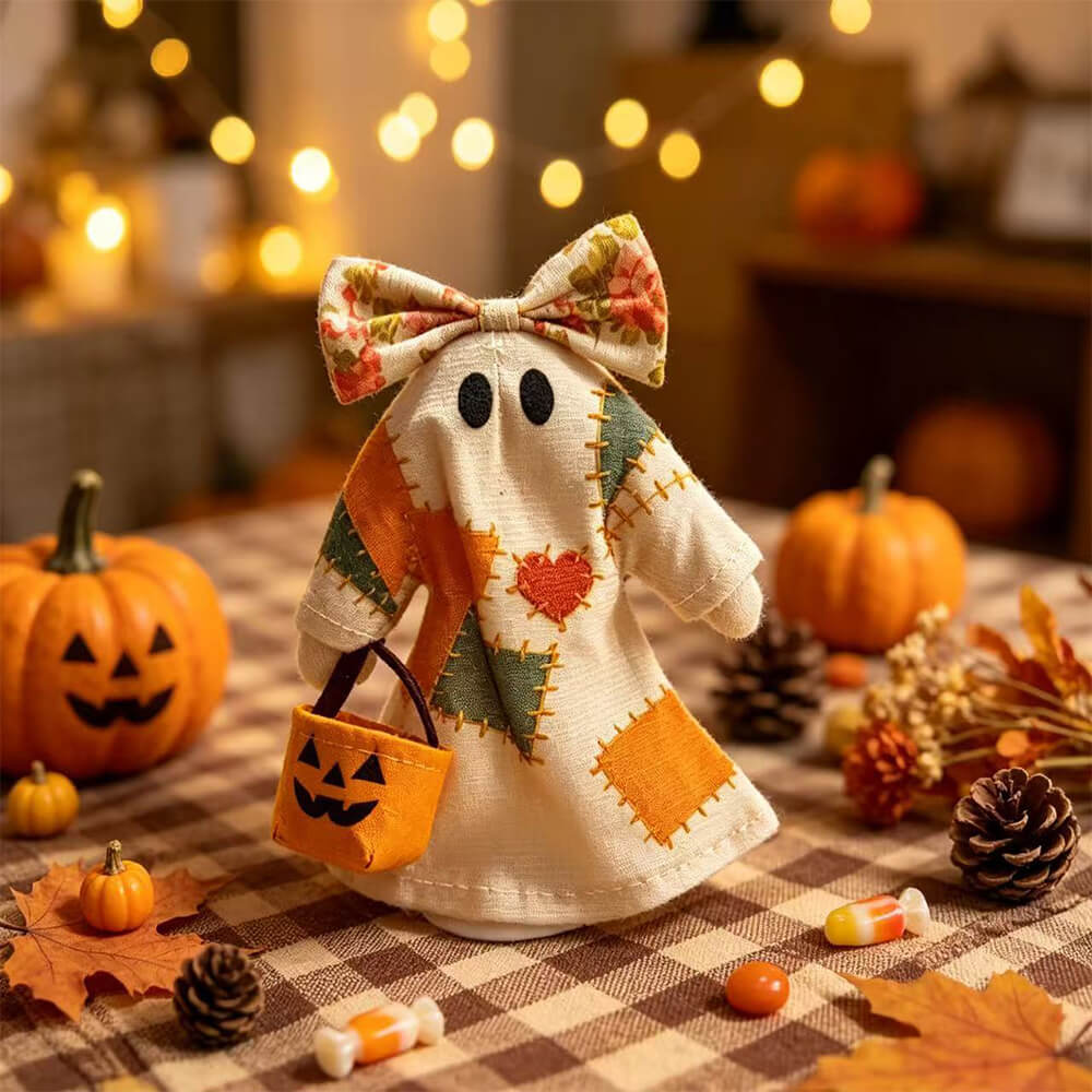 2pcs Patchwork Ghost Decor Light-Up Halloween Decor Ornament with Bow and Glowing Pumpkin Pail