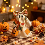 2pcs Patchwork Ghost Decor Light-Up Halloween Decor Ornament with Bow and Glowing Pumpkin Pail