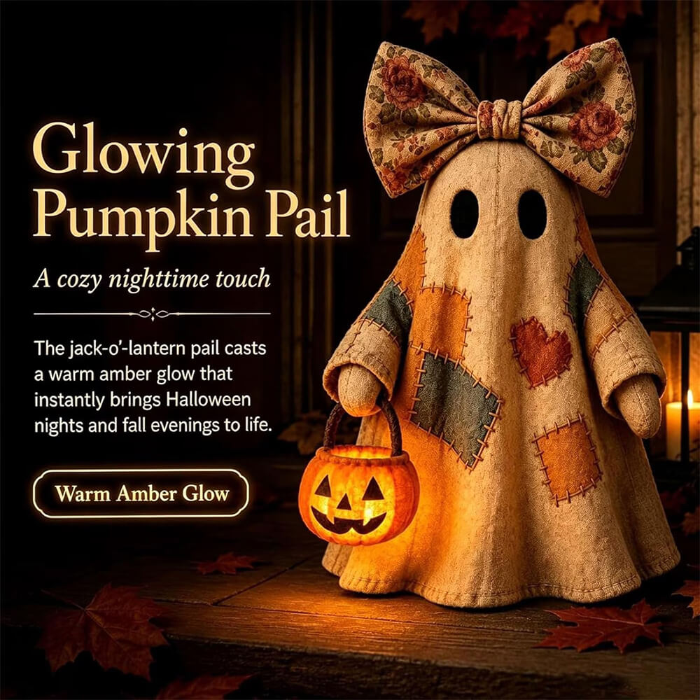 2pcs Patchwork Ghost Decor Light-Up Halloween Decor Ornament with Bow and Glowing Pumpkin Pail
