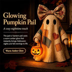 2pcs Patchwork Ghost Decor Light-Up Halloween Decor Ornament with Bow and Glowing Pumpkin Pail