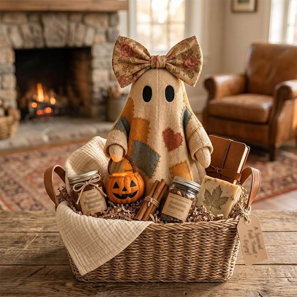2pcs Patchwork Ghost Decor Light-Up Halloween Decor Ornament with Bow and Glowing Pumpkin Pail