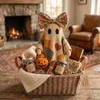 2pcs Patchwork Ghost Decor Light-Up Halloween Decor Ornament with Bow and Glowing Pumpkin Pail