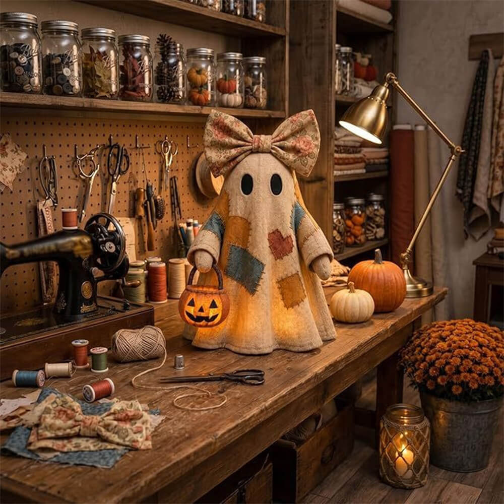 2pcs Patchwork Ghost Decor Light-Up Halloween Decor Ornament with Bow and Glowing Pumpkin Pail