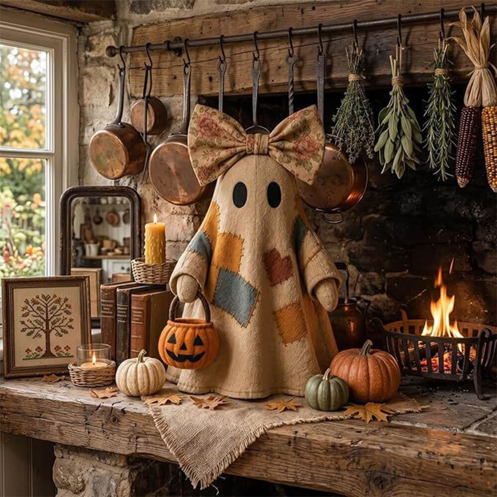 2pcs Patchwork Ghost Decor Light-Up Halloween Decor Ornament with Bow and Glowing Pumpkin Pail