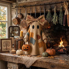 2pcs Patchwork Ghost Decor Light-Up Halloween Decor Ornament with Bow and Glowing Pumpkin Pail