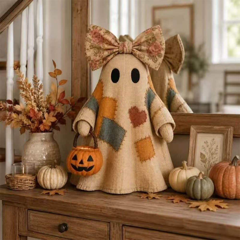 2pcs Patchwork Ghost Decor Light-Up Halloween Decor Ornament with Bow and Glowing Pumpkin Pail