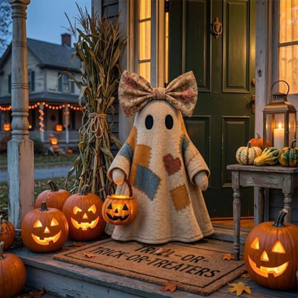 2pcs Patchwork Ghost Decor Light-Up Halloween Decor Ornament with Bow and Glowing Pumpkin Pail