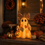 2pcs Patchwork Ghost Decor Light-Up Halloween Decor Ornament with Bow and Glowing Pumpkin Pail